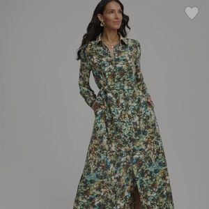Nwt Chicos Maxi Long Sleeve Dress Chico's Printed Shirtdress Green Multi SIZE 8